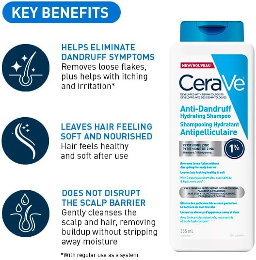 CeraVe Anti-Dandruff Hydrating Shampoo for Men & Women, Gently Cleanses Scalp & Hair While Reducing Flakes, Itchiness, and Irritation, Paraben-Free, Sulfate-Free, Suitable for All Hair Types. 355mL