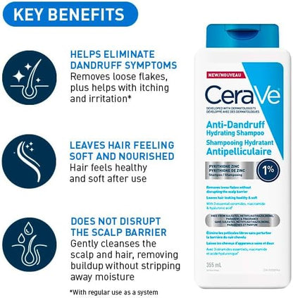 CeraVe Anti-Dandruff Hydrating Shampoo for Men & Women, Gently Cleanses Scalp & Hair While Reducing Flakes, Itchiness, and Irritation, Paraben-Free, Sulfate-Free, Suitable for All Hair Types. 355mL