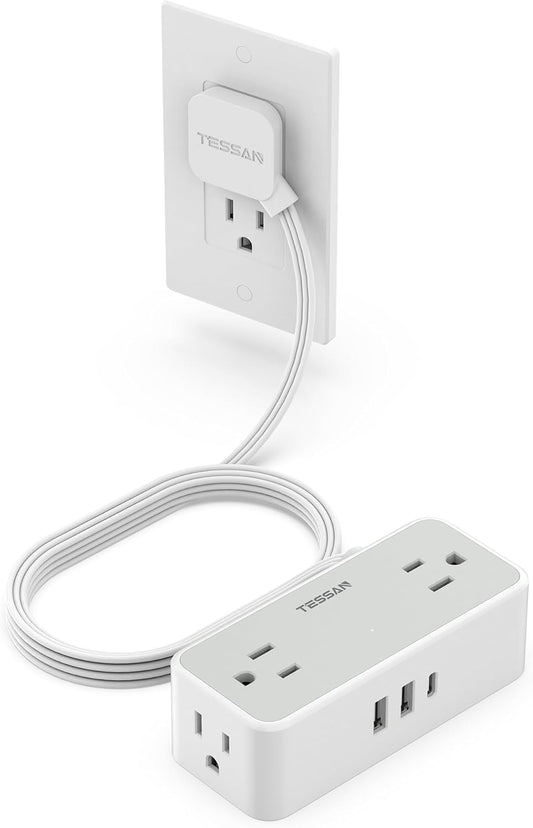 Surge Protector Flat Extension Cord Indoor, TESSAN Flat Plug Power Bar with 4 Multiple Outlets, 3 USB Ports (1 USB C), 5 Feet Small Power Strip Wall Mounted for Home Office Dorm Room, Gary
