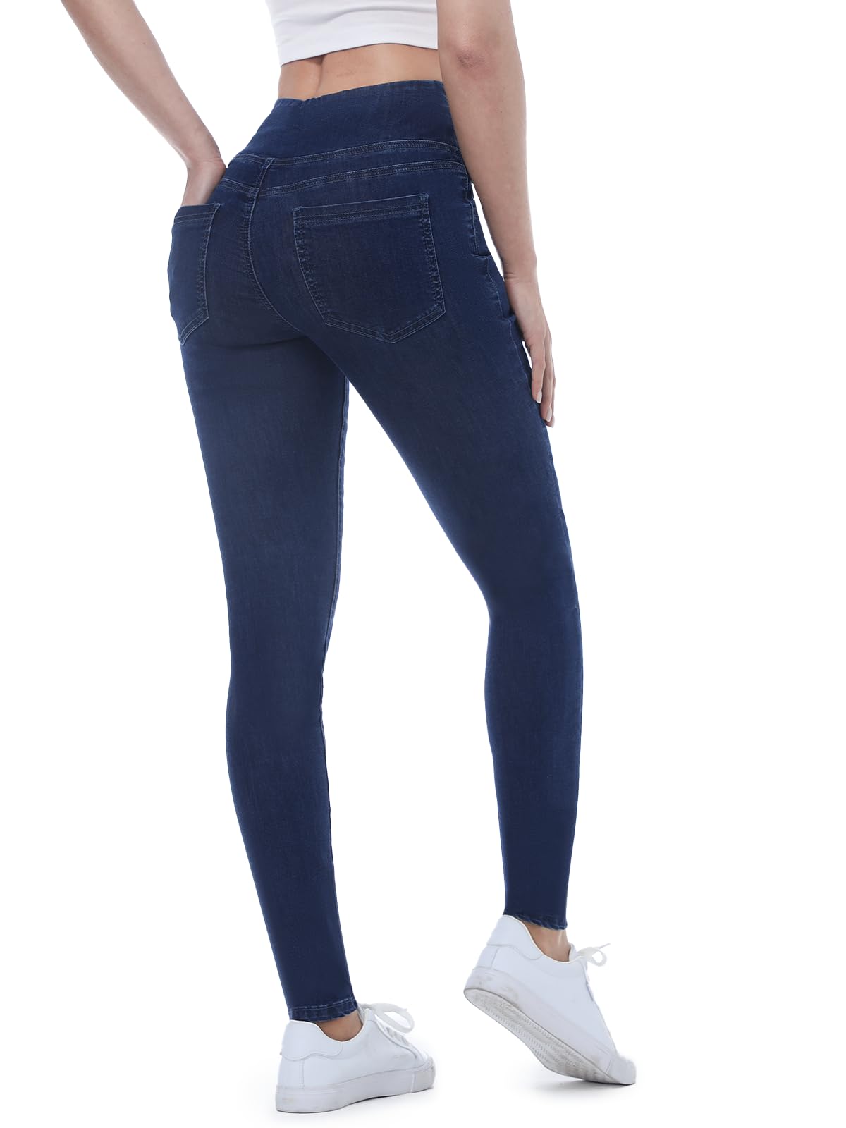 Chasehot Pull-On Skinny Jeans für Damen, dehnbare High-Waist Leggings, trendige Bauchkontrolle, Denim-Jeggings mit Taschen, Dark Wash-L