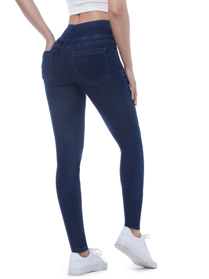 Chasehot Pull-On Skinny Jeans für Damen, dehnbare High-Waist Leggings, trendige Bauchkontrolle, Denim-Jeggings mit Taschen, Dark Wash-L