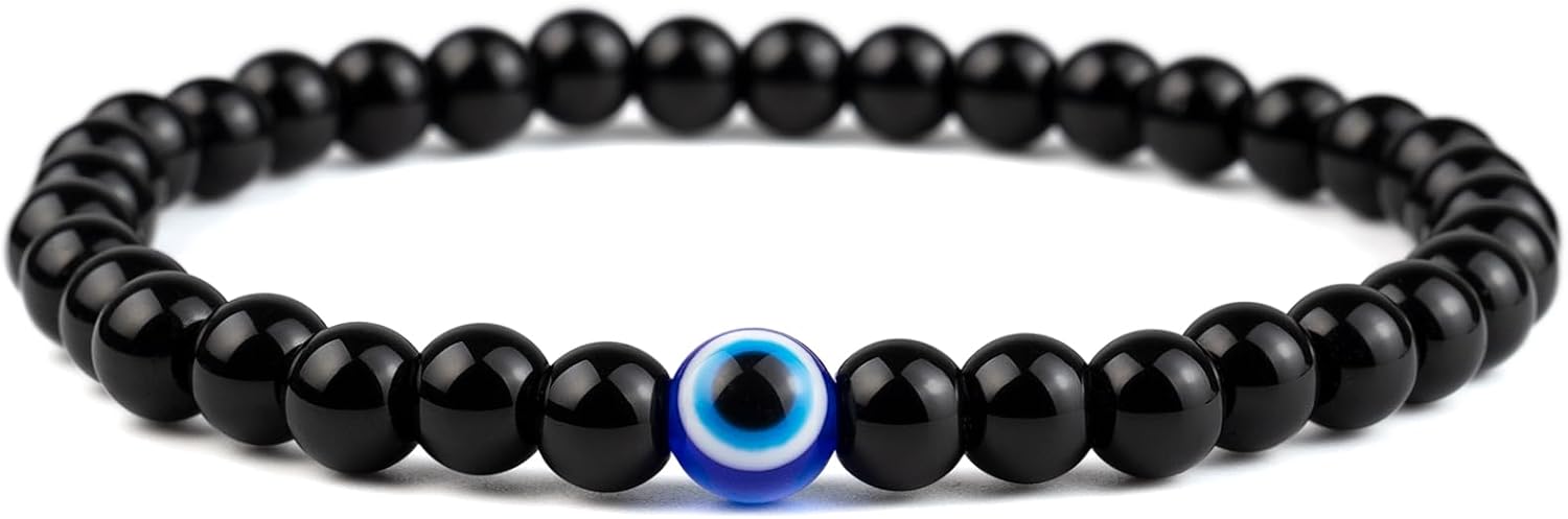 6MM Evil Eye Black Crystal Bracelet - Adjustable Natural Stone Set for Men Women, Guardian Amulet Gift for Daily Wear/Birthday/Anniversary