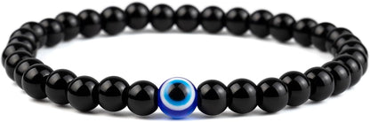 6MM Evil Eye Black Crystal Bracelet - Adjustable Natural Stone Set for Men Women, Guardian Amulet Gift for Daily Wear/Birthday/Anniversary