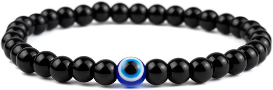 6MM Evil Eye Black Crystal Bracelet - Adjustable Natural Stone Set for Men Women, Guardian Amulet Gift for Daily Wear/Birthday/Anniversary