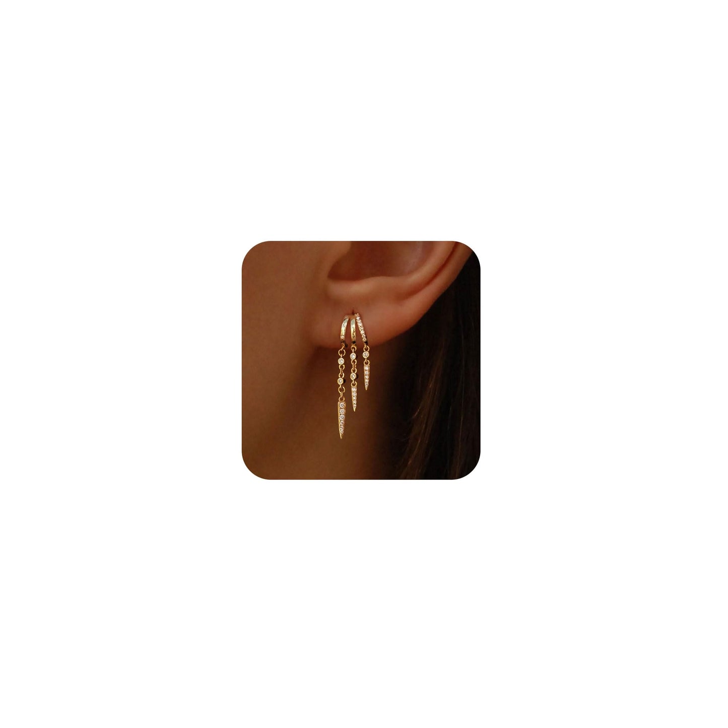 Dangle Earrings for Women,14k Gold Plated Triple Huggie Stud Earrings Cute Statement Chain Earring Dainty Drop Earrings for Women Trendy Gold Plated Jewelry