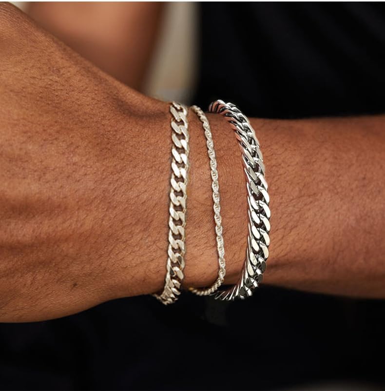 3 Stück Herren Silber Armbänder, robustes Curb Edelstahl Breite Schlangenkette Figaro Cuban Armband Set 7/7.8+1.2 Zoll verstellbares Stapel-Silberkettenarmband für Männer