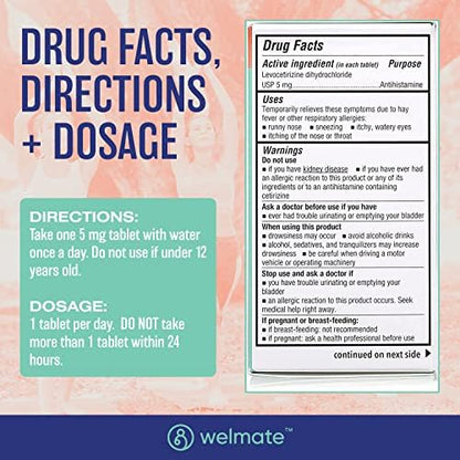 WELMATE Complete Allergy & Wellness Kit: Generic Xyzal Levocetirizine 5mg (24hr Support), Phenylephrine HCl Nasal Decongestant, Doxylamine Sleep Aid, Bifidobacterium Probiotic, & Zinc Sulfate