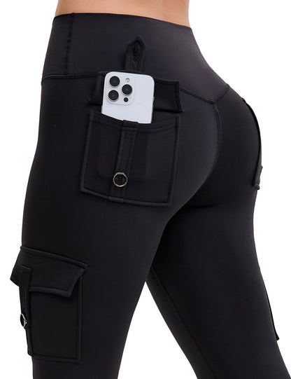 AEEZO Damen-Fleece-Cargo-Leggings mit Taschen, Thermohose, Po-Lifting, verdeckte Scrunch, für kaltes Wetter, Yogahose