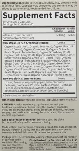 Garden of Life Vitamin Code Raw Vitamin-C, 500mg Whole Food VIT-C Capsules + Fruit & Veggie Blend & Probiotics, Supplements for Adults, Vegan, Gluten Free, 120 Capsules, (Pack of 6)