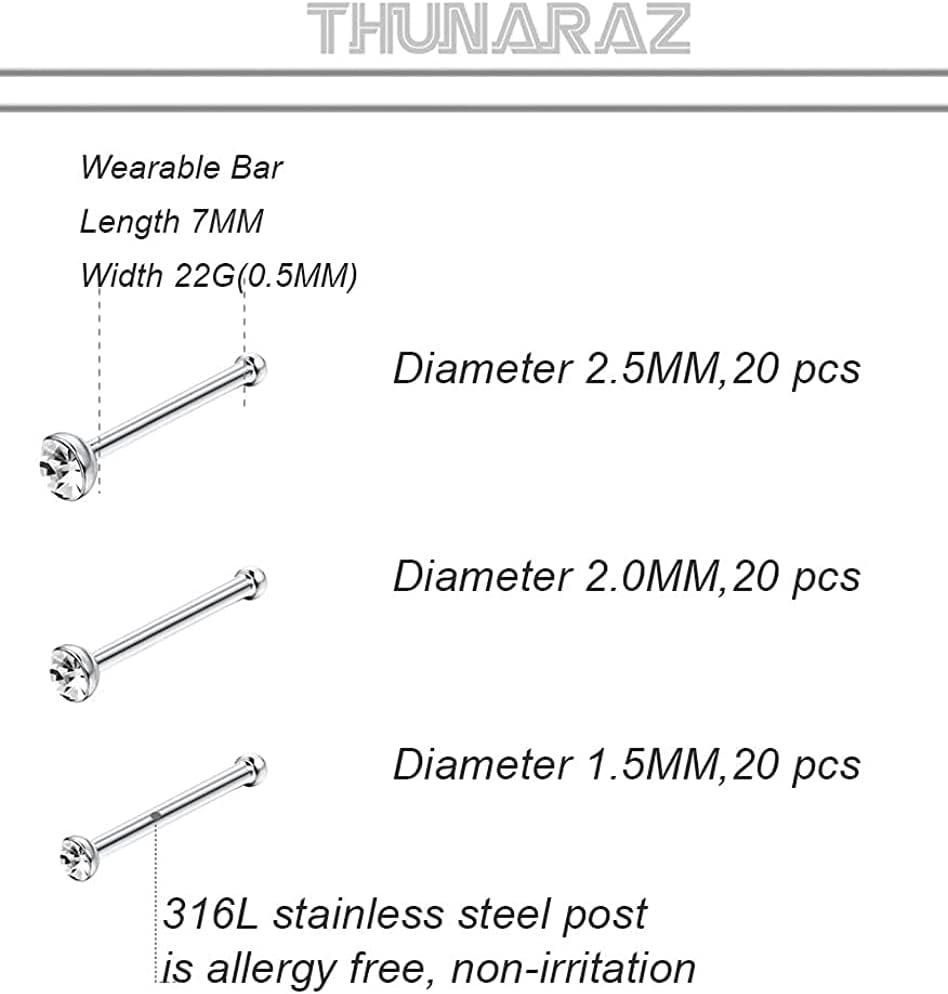 Thunaraz 60-120 Stück Edelstahl Nasenpiercing Ringe Stecker Körperschmuck 20G-22G 1.5mm 2mm 2.5mm