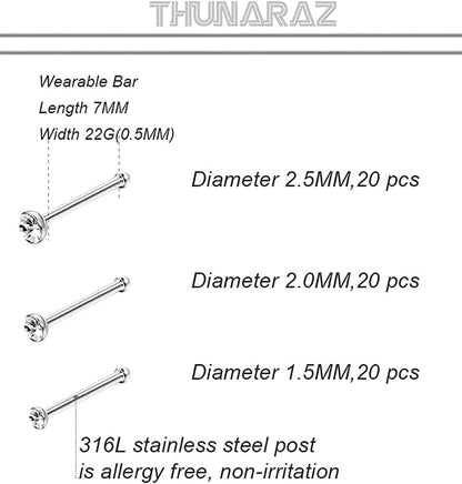 Thunaraz 60-120 Stück Edelstahl Nasenpiercing Ringe Stecker Körperschmuck 20G-22G 1.5mm 2mm 2.5mm
