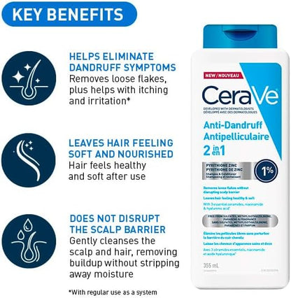 CeraVe Anti-Dandruff Hydrating Shampoo for Men & Women, Gently Cleanses Scalp & Hair While Reducing Flakes, Itchiness, and Irritation, Paraben-Free, Sulfate-Free, Suitable for All Hair Types. 355mL