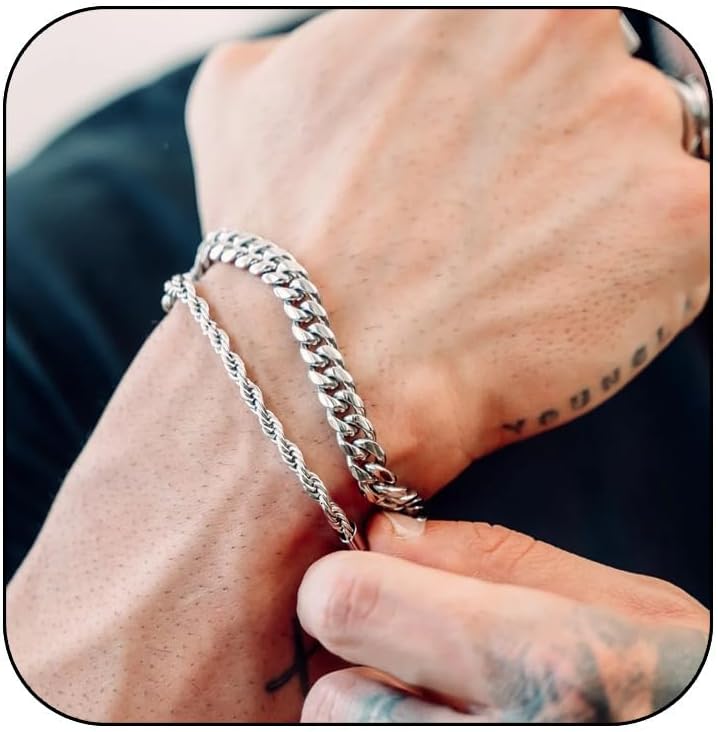 3 Stück Herren Silber Armbänder, robustes Curb Edelstahl Breite Schlangenkette Figaro Cuban Armband Set 7/7.8+1.2 Zoll verstellbares Stapel-Silberkettenarmband für Männer