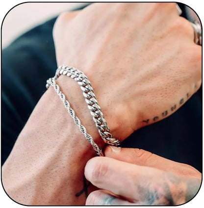 3 Stück Herren Silber Armbänder, robustes Curb Edelstahl Breite Schlangenkette Figaro Cuban Armband Set 7/7.8+1.2 Zoll verstellbares Stapel-Silberkettenarmband für Männer