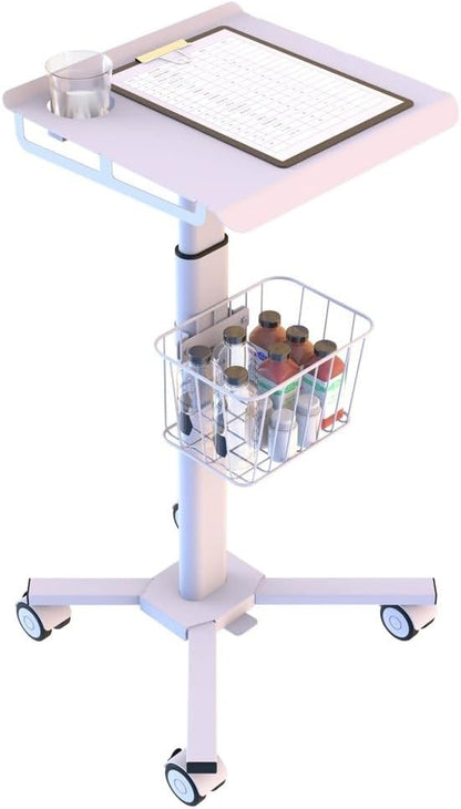 Mount Plus C01 Height Adjustable Mobile Medical Tablet Cart with Wheels and Tablet Enclosure Basket Storage | Medical Trolley for Hospital Clinic Beauty Salon | Pneumatic Mobile iPad Workstation