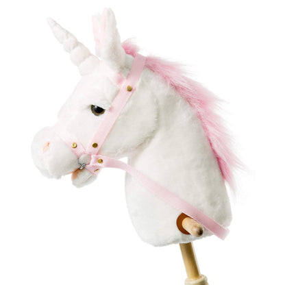 HollyHOME Plüsch Einhorn Steckenpferd mit Holzrädern Echten Pony Wiehern und Galoppieren Geräuschen Plüschtier Rosa 94 cm (AA Batterien Benötigt)