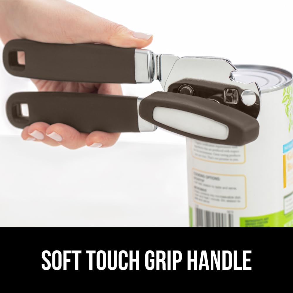 GORILLA GRIP Robuster manueller Dosenöffner, Flaschenöffner aus Edelstahl, öffnet Dosen mühelos, scharfe Klinge mit glattem Schnitt, leicht drehbarer Knopf für Senioren mit Arthritis, Küchenhelfer, Schwarz