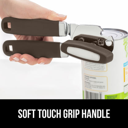 GORILLA GRIP Robuster manueller Dosenöffner, Flaschenöffner aus Edelstahl, öffnet Dosen mühelos, scharfe Klinge mit glattem Schnitt, leicht drehbarer Knopf für Senioren mit Arthritis, Küchenhelfer, Schwarz
