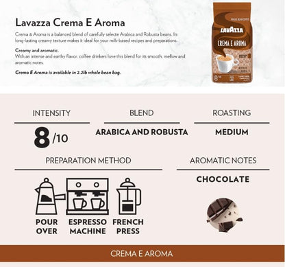 Lavazza Crema E Aroma Ganze Kaffeebohnen, 1 kg Packung, Ausgewogene mittlere Röstung mit intensivem, erdigem Geschmack und lang anhaltender Crema, GMO-frei