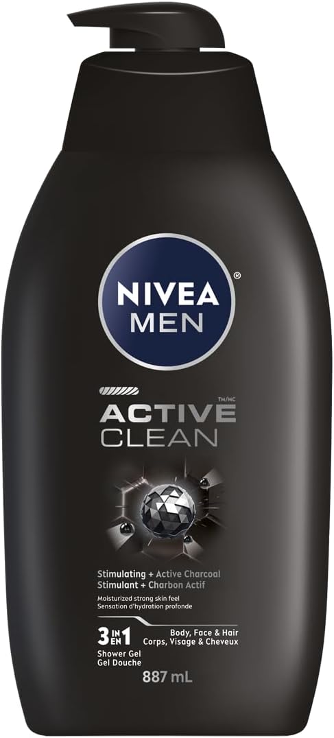 NIVEA MEN Active Clean Body Wash with Active Charcoal | Men Shower Gel for Body, Face and Hair, 887 ml