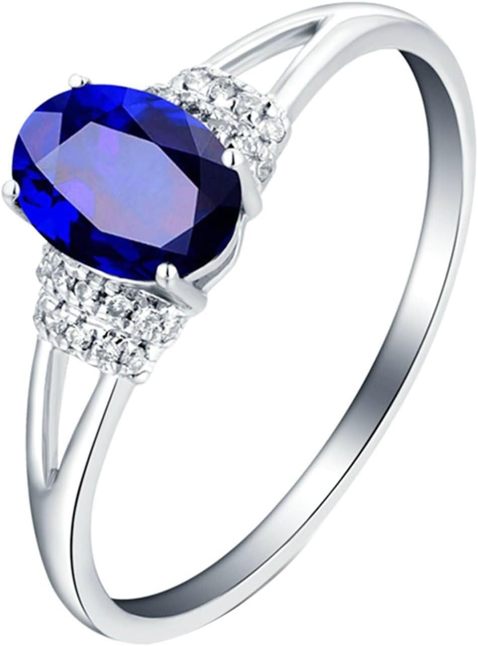 Gemstone Ring for Women, 18K White Gold Wedding Ring for Ladies Oval Shape Lab Created Sapphire and Lab Created Diamond