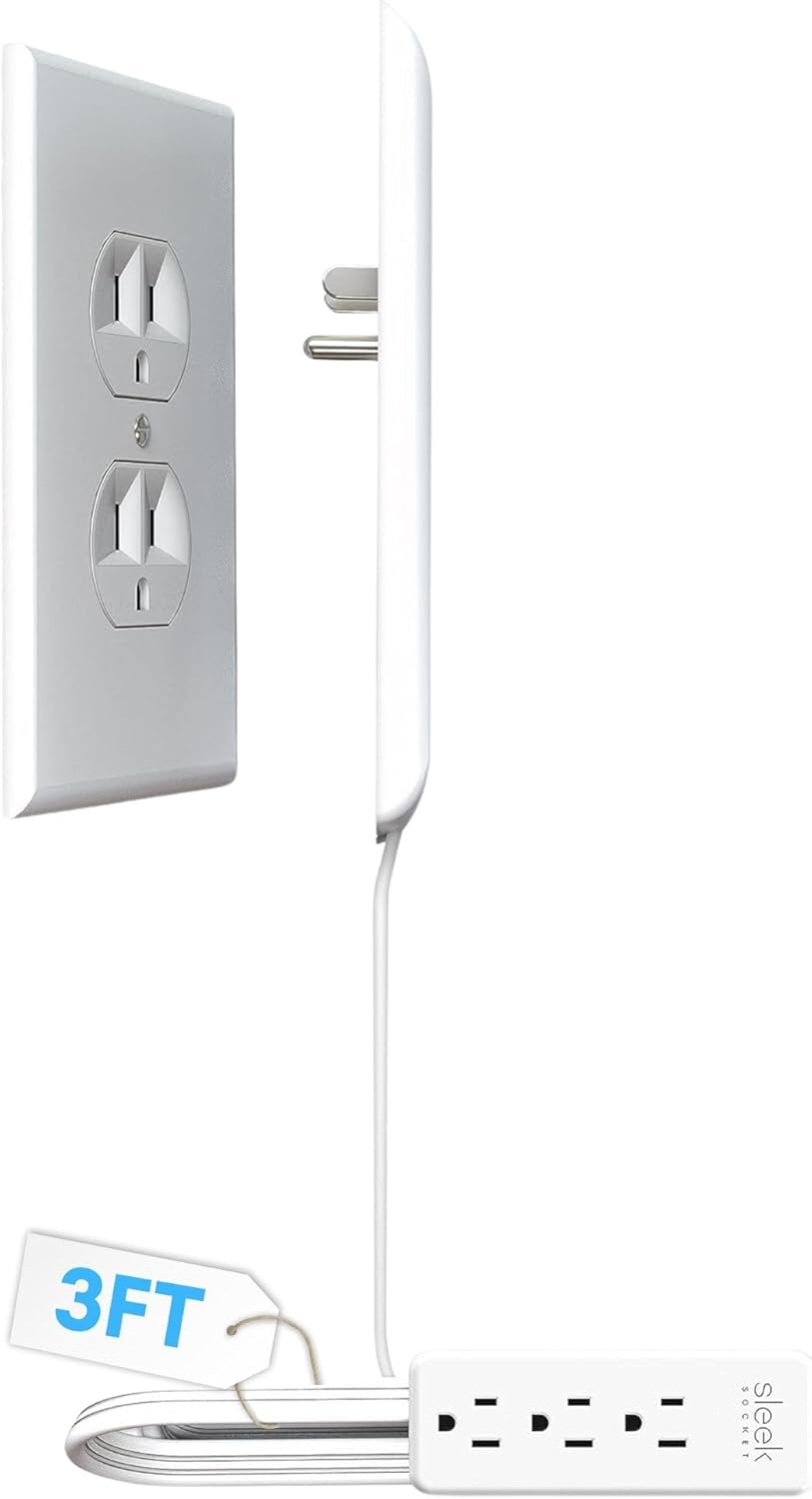 Sleek Socket Original & Patented Ultra-Thin Outlet Concealer with Cord Concealer Kit, 3-Foot Flat Extension Cord with 3 Outlets Power Strip, Safety Certified, Ideal for Kitchens and Behind Furniture
