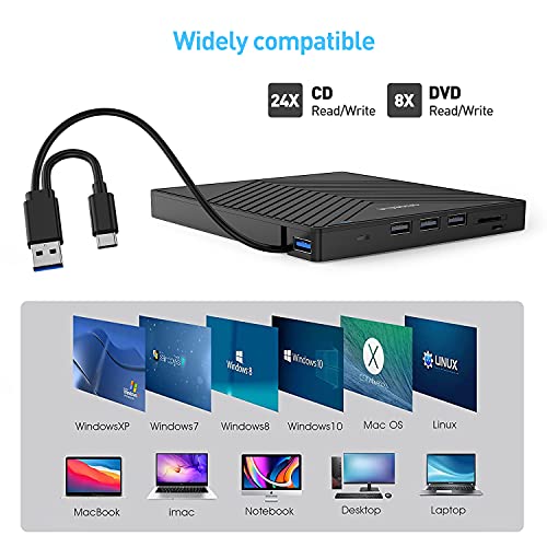 ORIGBELIE externes DVD-Laufwerk, CD-Laufwerk USB 3.0 Typ-C CD/DVD ROM +/-RW Adapter mit USB-Anschluss DVD-Brenner für Laptop, PC, Desktop-Computer, optisches Laufwerk CD-Player kompatibel mit Mac Windows Linux