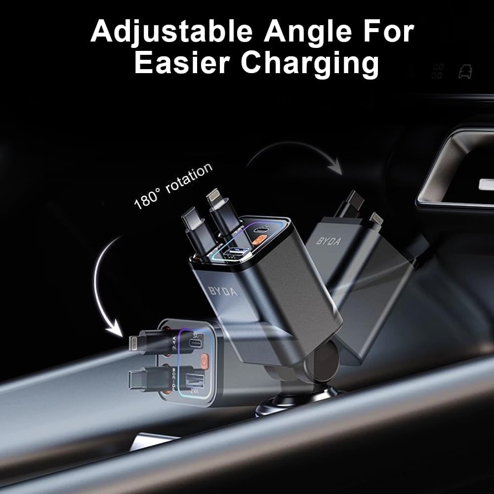 4-in-1 einziehbarer Auto-Ladegerät mit Sternenlicht, 69W USB-C Schnell-Ladegerät, für iPhone 17/16/15/14/13/12/11, Android, Pixel, Zigarettenanzünder-Ladegerät (Lightning+USB-C (Regular))