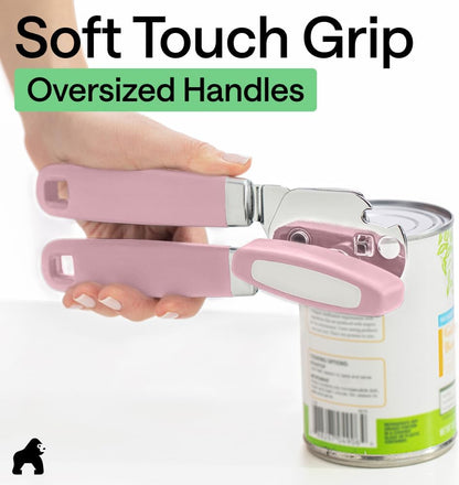 GORILLA GRIP Robuster manueller Dosenöffner, Flaschenöffner aus Edelstahl, öffnet Dosen mühelos, scharfe Klinge mit glattem Schnitt, leicht drehbarer Knopf für Senioren mit Arthritis, Küchenhelfer, Schwarz