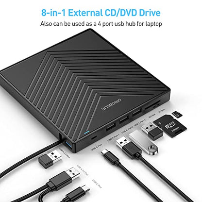 ORIGBELIE externes DVD-Laufwerk, CD-Laufwerk USB 3.0 Typ-C CD/DVD ROM +/-RW Adapter mit USB-Anschluss DVD-Brenner für Laptop, PC, Desktop-Computer, optisches Laufwerk CD-Player kompatibel mit Mac Windows Linux