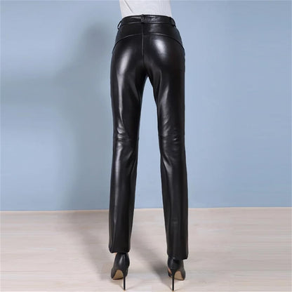 Womens Solid Straight Leather Pant Thick Sheepskin Zipper Slim Office Lady Trousers