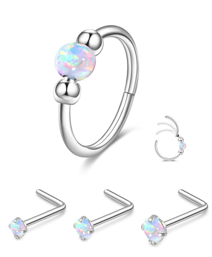 Opal Nose Ring Studs Horseshoe Nose Rings Hoops Stud 316L Stainless Steel Nose Rings Round CZ Square Screw L Shaped Nose Stud Hypoallergenic Nostril Piercing Jewelry for Women Men