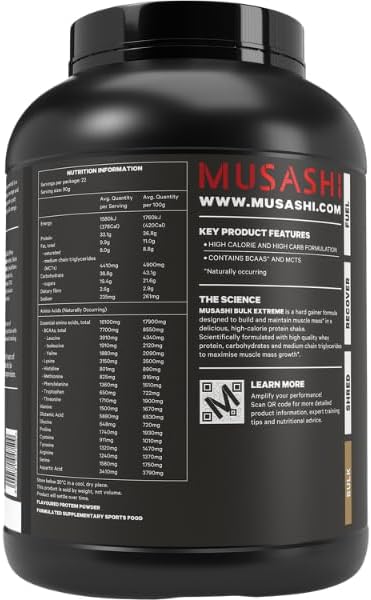 Musashi Bulk Extreme Protein Powder, Vanilla, Muscle Builder Formula, High Protein Supplement, Mass & Strength Support, Post-Workout Nutrition, 2kg
