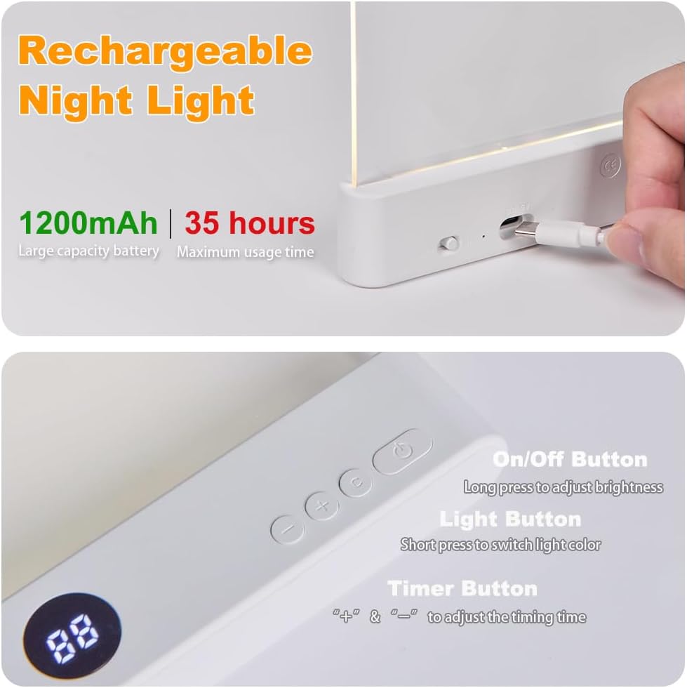 Book Light, Rechargeable Clear LED Flat Reading Light with 3 Colors & Timer, Dimmable Panel Plate Lamp Book Full Page Light for Reading in Bed at Night, Funny Gifts for Readers Kids Women Men (White)