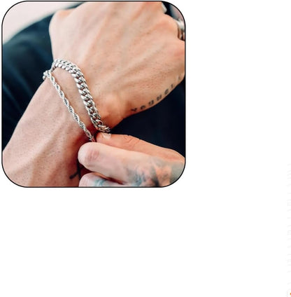 3 Stück Herren Silber Armbänder, robustes Curb Edelstahl Breite Schlangenkette Figaro Cuban Armband Set 7/7.8+1.2 Zoll verstellbares Stapel-Silberkettenarmband für Männer