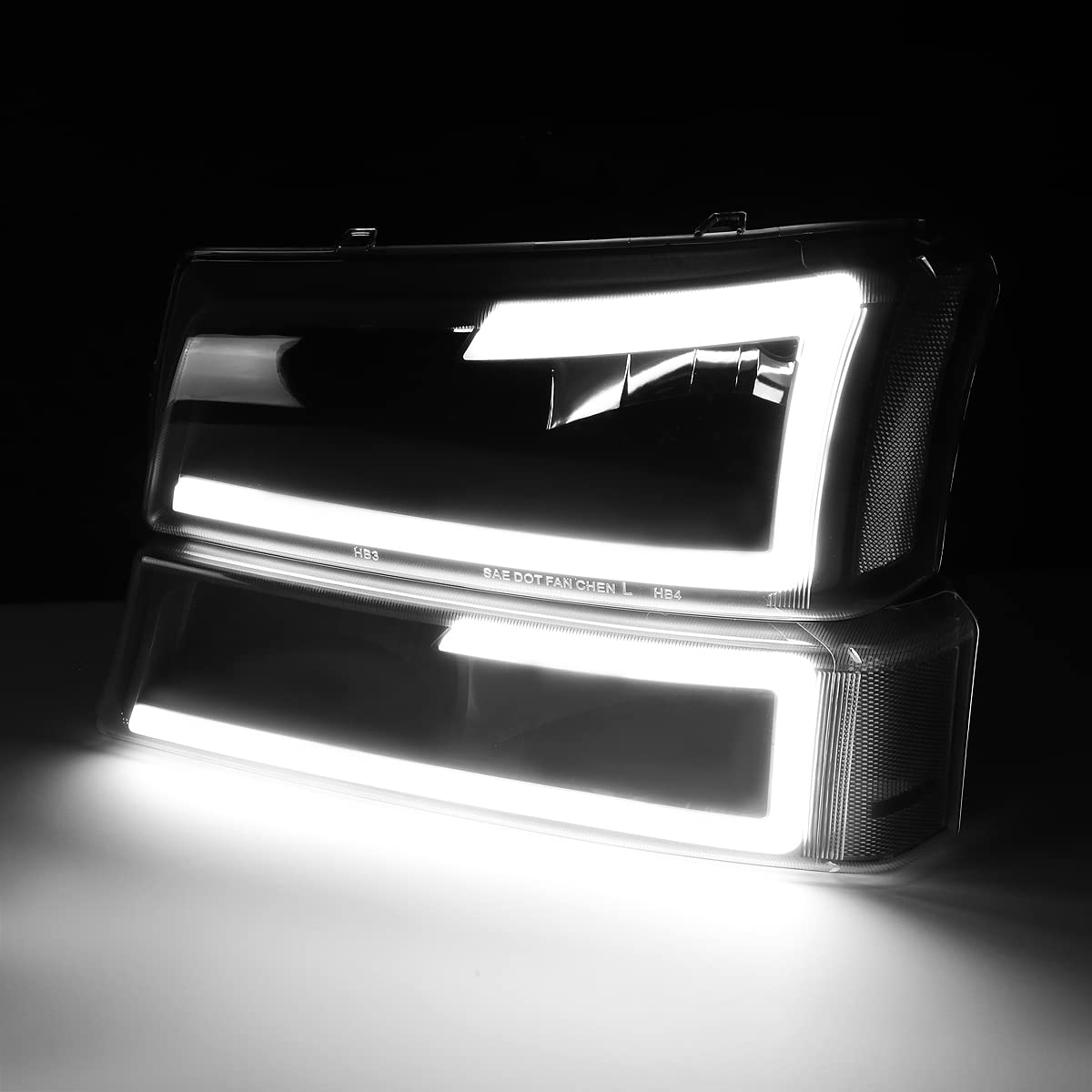 DNA MOTORING HL-LB-CSIL03-BK-CL1 Black Housing 3D LED DRL Headlight Bumper Lamp Set Compatible with 03-06 Silverado 1500-3500 / Avalanche 1500 2500