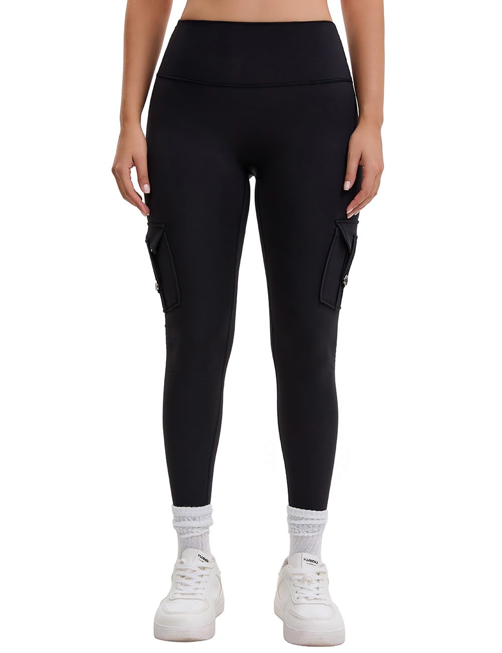 AEEZO Damen-Fleece-Cargo-Leggings mit Taschen, Thermohose, Po-Lifting, verdeckte Scrunch, für kaltes Wetter, Yogahose