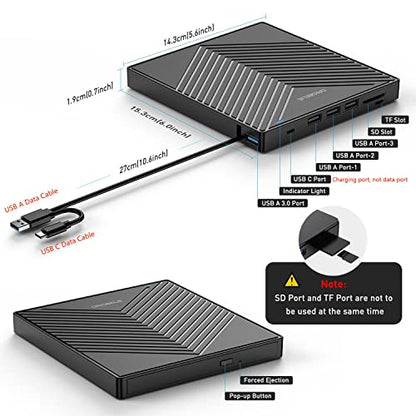 ORIGBELIE externes DVD-Laufwerk, CD-Laufwerk USB 3.0 Typ-C CD/DVD ROM +/-RW Adapter mit USB-Anschluss DVD-Brenner für Laptop, PC, Desktop-Computer, optisches Laufwerk CD-Player kompatibel mit Mac Windows Linux