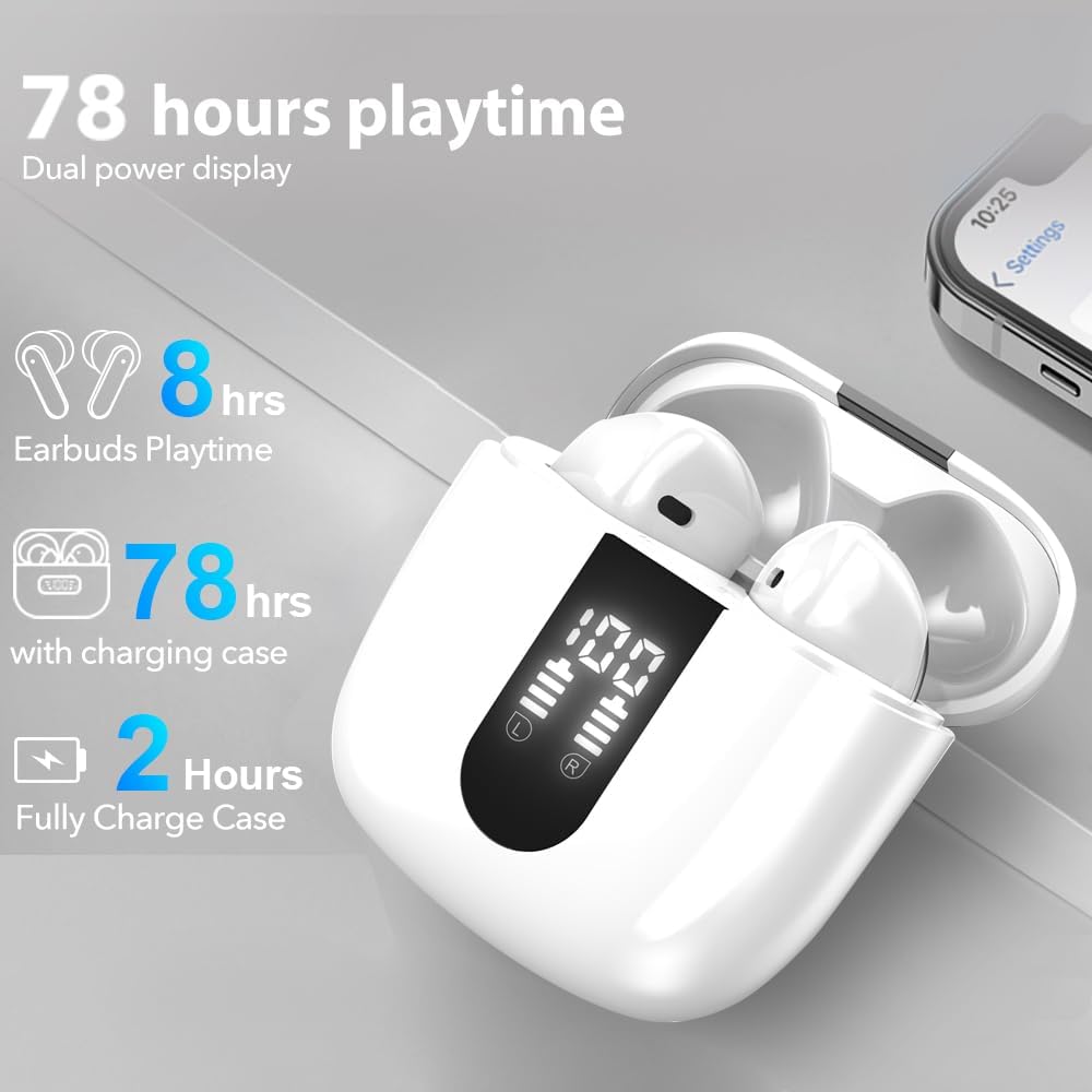 Bluetooth Kopfhörer Kabellos, 60 Std. Deep Bass Ohrhörer mit 4 Mikrofonen zur Geräuschunterdrückung, IP5 Wasserdichte Ohrhörer für iPhone Android Sport Bluetooth inalambricos (Pearl)