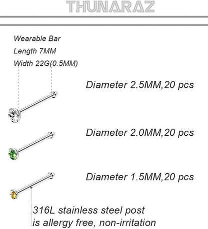 Thunaraz 60-120 Stück Edelstahl Nasenpiercing Ringe Stecker Körperschmuck 20G-22G 1.5mm 2mm 2.5mm
