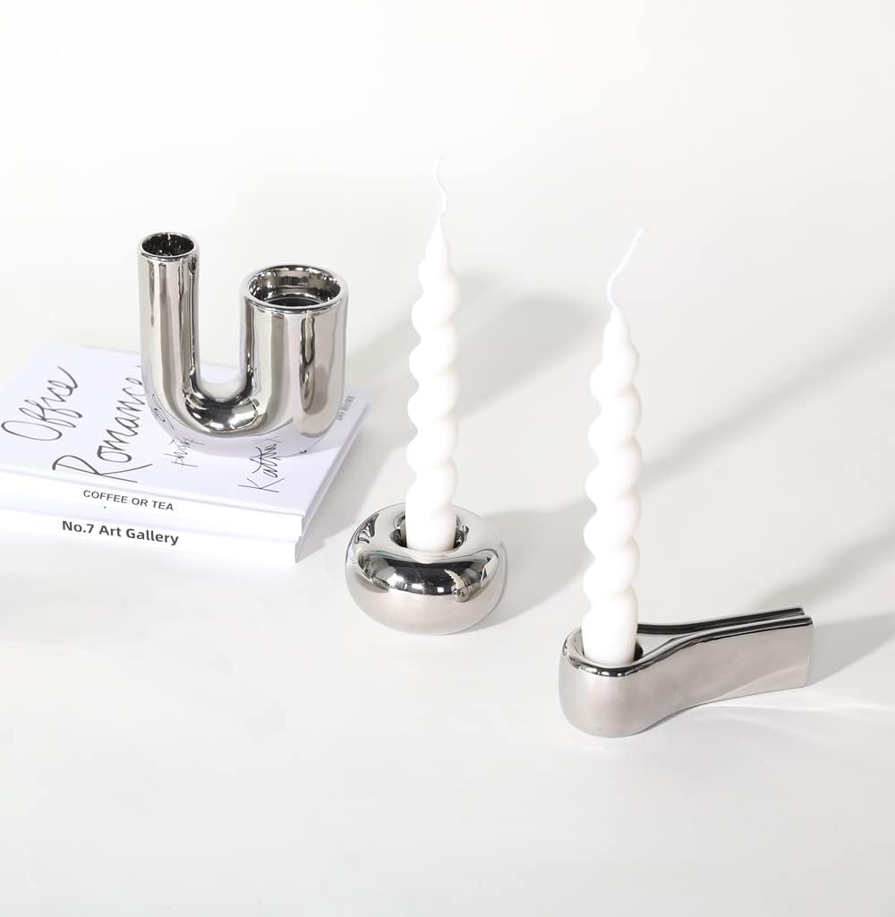 Candle Holder Silver Ceramic Tea Light Candlestick Candle Lamps Holder Set of 3 for Wedding Party Home Decor