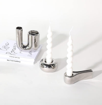 Candle Holder Silver Ceramic Tea Light Candlestick Candle Lamps Holder Set of 3 for Wedding Party Home Decor
