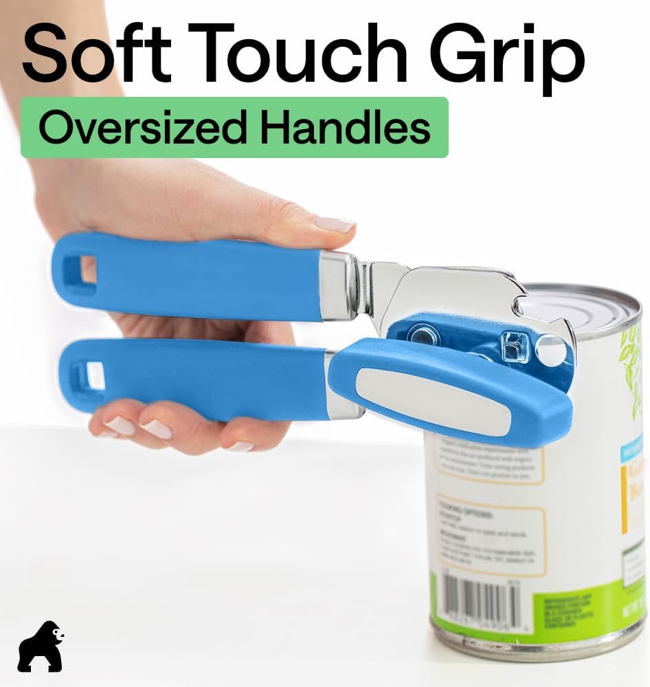 GORILLA GRIP Robuster manueller Dosenöffner, Flaschenöffner aus Edelstahl, öffnet Dosen mühelos, scharfe Klinge mit glattem Schnitt, leicht drehbarer Knopf für Senioren mit Arthritis, Küchenhelfer, Schwarz