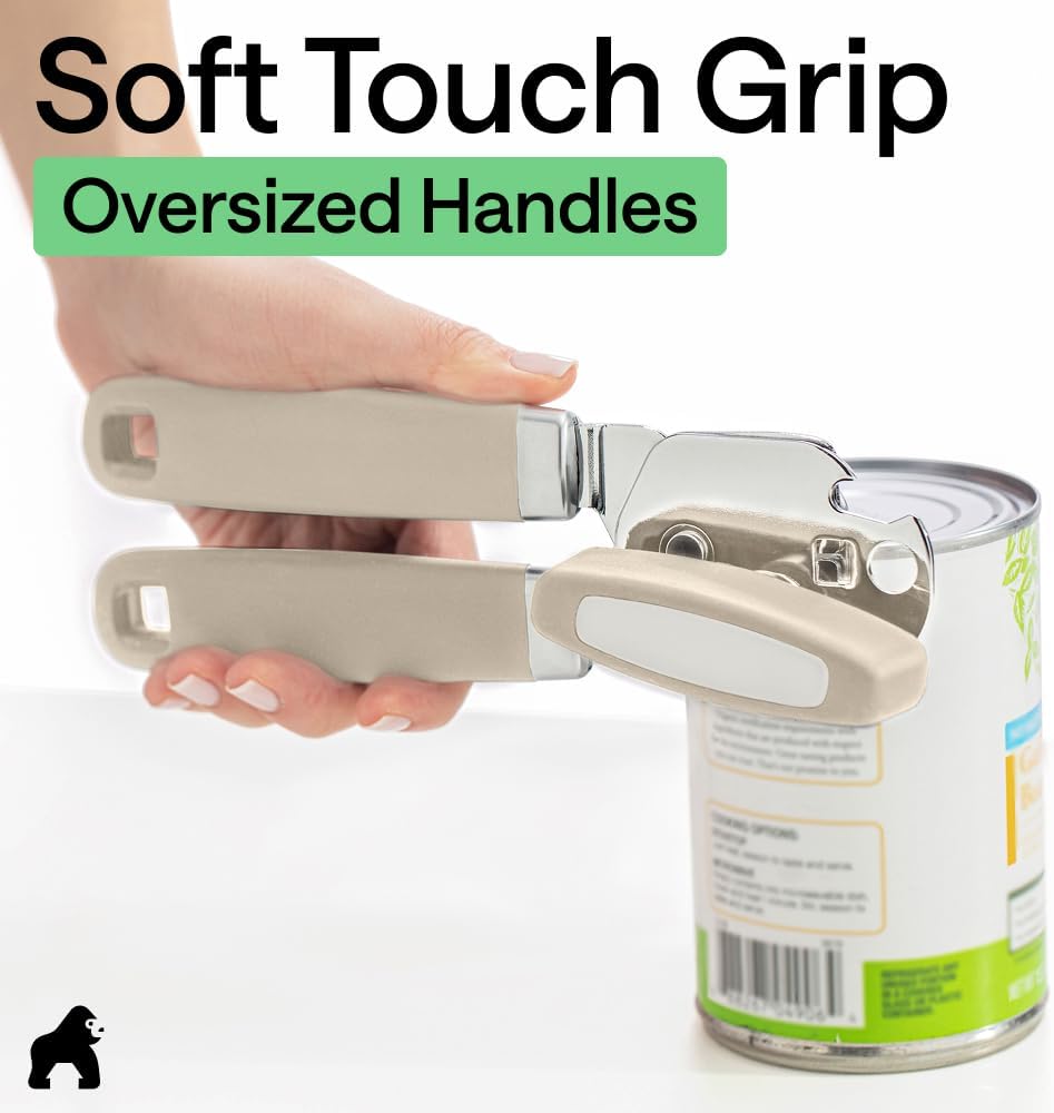 GORILLA GRIP Robuster manueller Dosenöffner, Flaschenöffner aus Edelstahl, öffnet Dosen mühelos, scharfe Klinge mit glattem Schnitt, leicht drehbarer Knopf für Senioren mit Arthritis, Küchenhelfer, Schwarz
