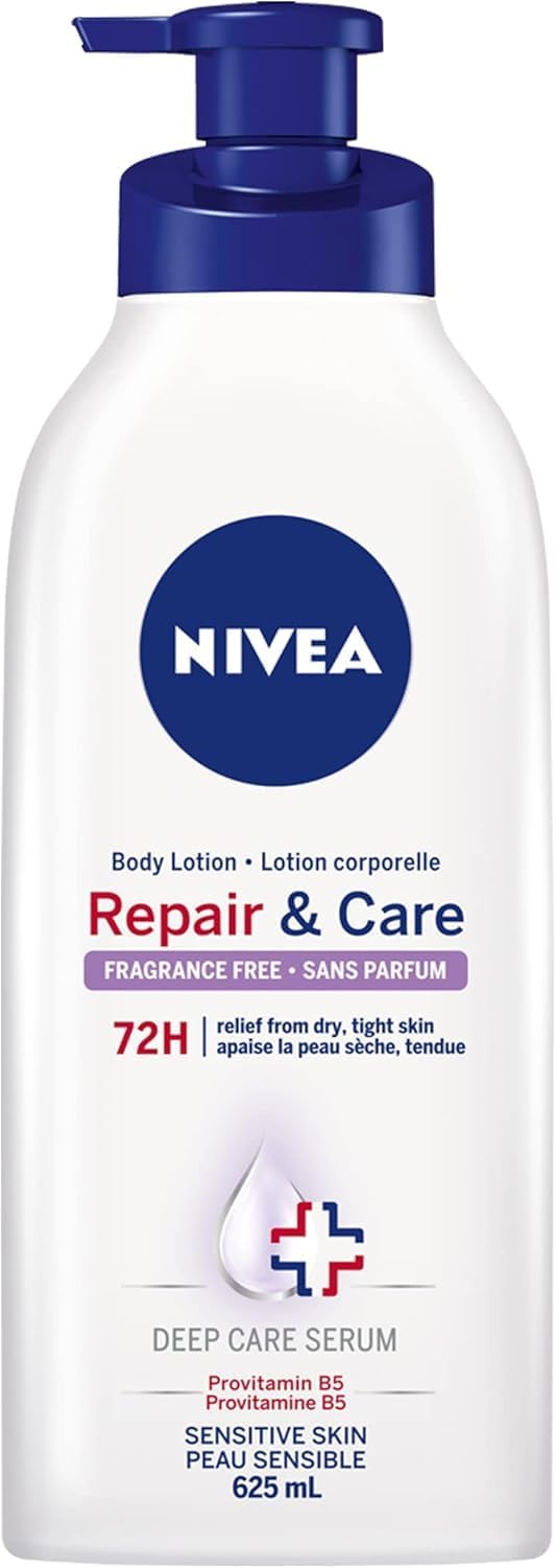 NIVEA Repair & Care Fragrance-Free Body Lotion | Long lasting | 72H Hydration | For Dry Tight and Sensitive Skin|Unscented Daily Moisturizier | Fast absorbing| 625mL pump bottle