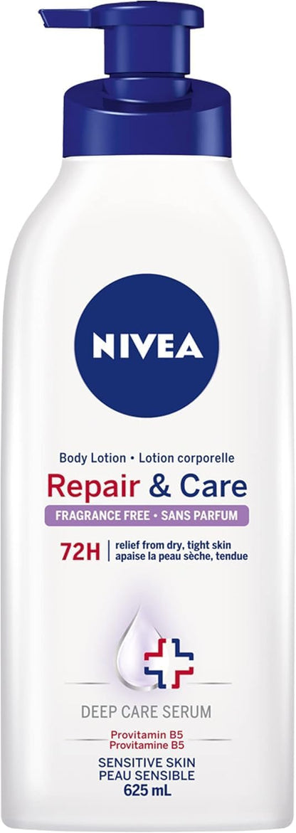 NIVEA Repair & Care Fragrance-Free Body Lotion | Long lasting | 72H Hydration | For Dry Tight and Sensitive Skin|Unscented Daily Moisturizier | Fast absorbing| 625mL pump bottle