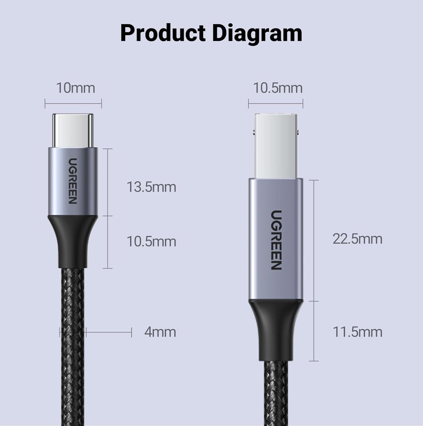 UGREEN USB C Drucker-Kabel Typ C auf A geflochtenes MIDI-Kabel kompatibel mit DJ-Controller, MIDI-Keyboard, digitalem Mischpult, Piano-Keyboard für MacBook Pro, iPad, 1,8 m