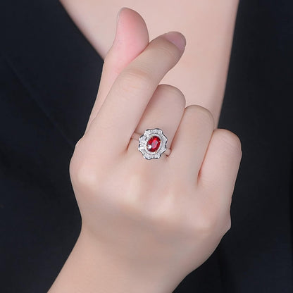 AMDXD 18K White Gold Rings for Girls, Flower Wedding Band for Women Red Ruby 0.76ct with White Diamond Womens Ring, 8, 18K white gold, cubic-zirconia