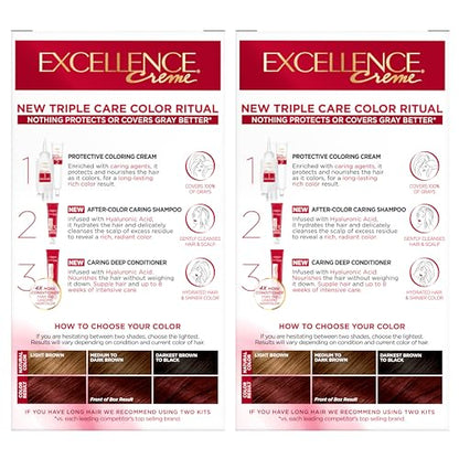 L'Oréal Paris Excellence Crème Permanente Haarfarbe, dreifache Pflegehaarfarbe mit Hyaluronsäure für 100% Grauabdeckung, 4AR Dunkles Schokobraun, 1 Packung (Verpackung kann variieren)