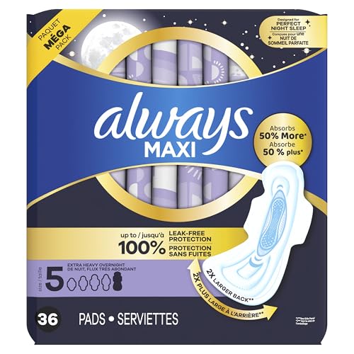 Always Maxi Overnight Damenbinden mit Flügeln, Größe 5, Extra Starker Auslaufschutz für die Nacht, Unparfümiert, 36 Stück